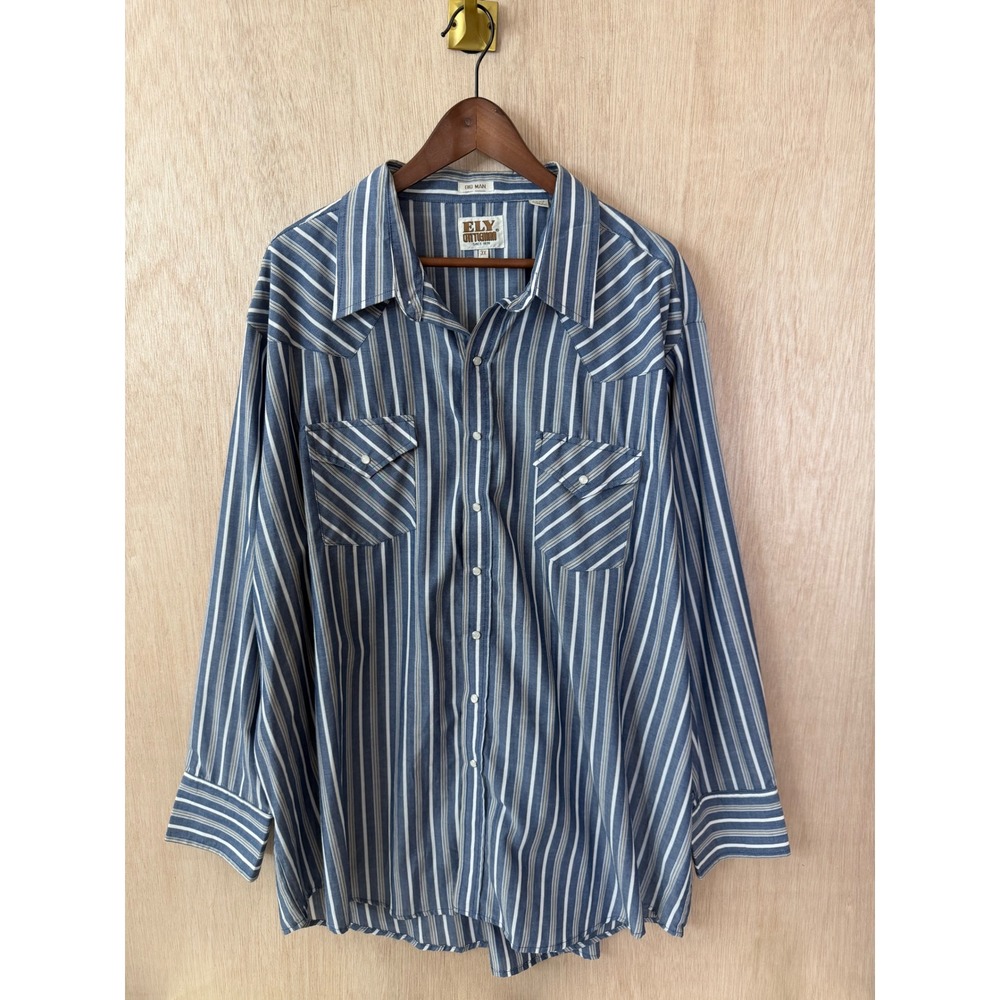 Ely Cattleman Mens 3X Big Man Blue Striped Pearl Snap Western Shirt Long Sleeve